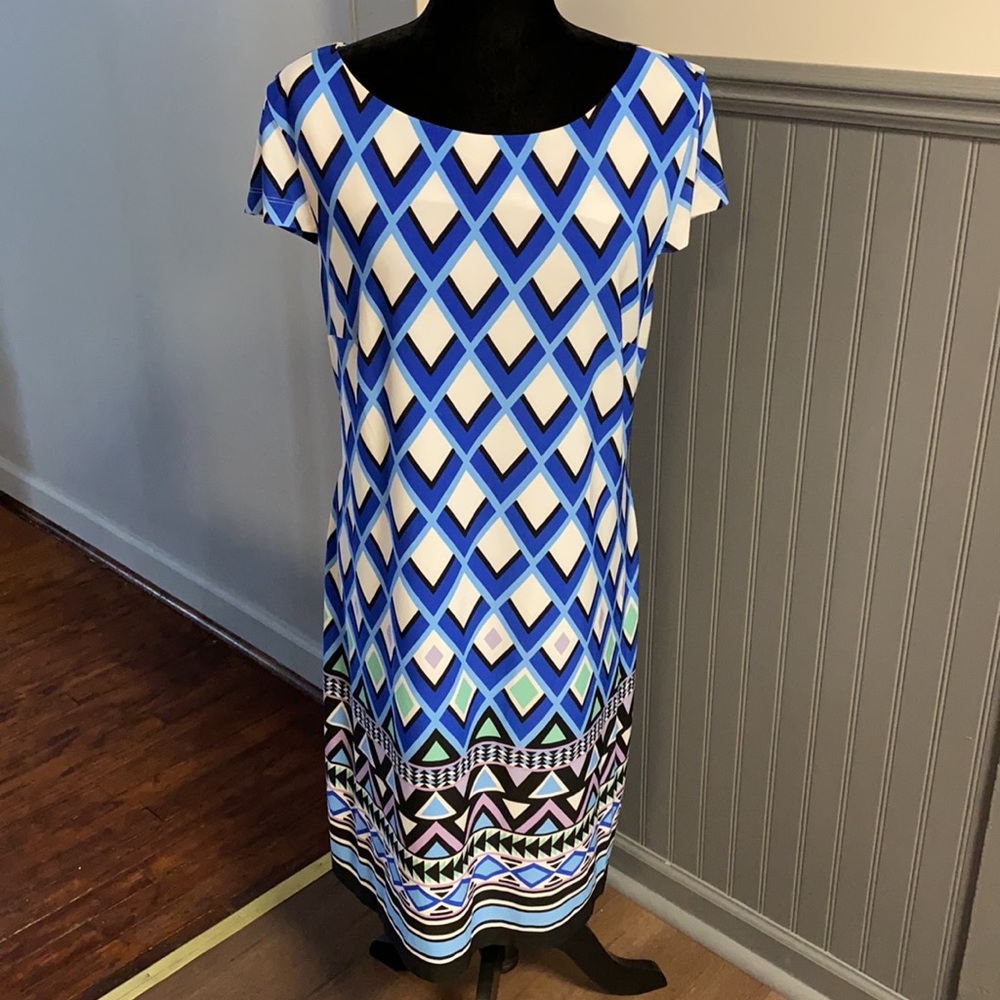 Jessica Howard Blue & White Geo Print Shift Dress NWT